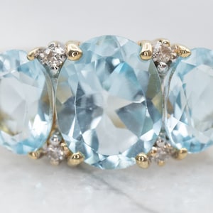 Blue Topaz Three Stone Ring, Yellow Gold Topaz Ring, Topaz Diamond Ring, Birthstone Ring, Stacking Ring, Topaz Jewelry, Gifts for Her A25081