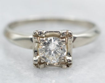 Anillo solitario vintage con diamante de 0,33 quilates, oro blanco de 14 quilates