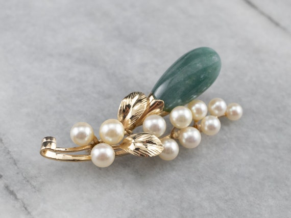 Botanical Jadeite Pearl Brooch, Gold Brooch, Jade… - image 3