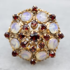 14K Yellow Gold Ornate Garnet and Opal Encrusted Cocktail Ring, Garnet Statement Ring, Right Hand Ring, A17913