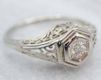 Art Deco Old Mine Cut Diamond Ring, 18K White Gold Filigree