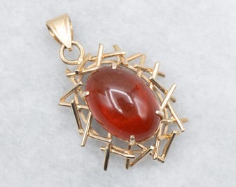 14K Yellow Gold Carnelian Pendant, Oval Cabochon, Nest Setting