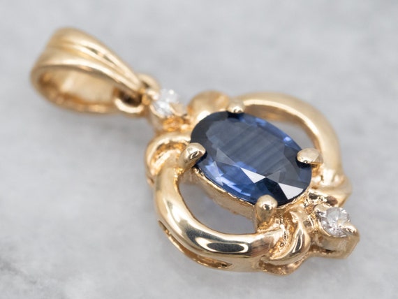 Vintage Sapphire and Diamond Pendant, Yellow Gold… - image 1