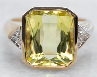 Lemon Quartz and Diamond Ring, Tw Tone Gold Quartz Ring, Gemstone Ring, Quartz Jewelry, Yellow Stone Ring, 14K Gold Quartz Ring A36504