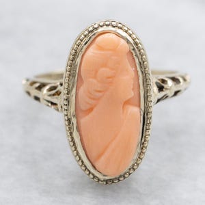 Antique Coral Cameo Ring, Art Nouveau Ring, Yellow Gold Cameo Ring, Cameo Collector, Statement Ring, Dinner Ring, Right Hand Ring A69193