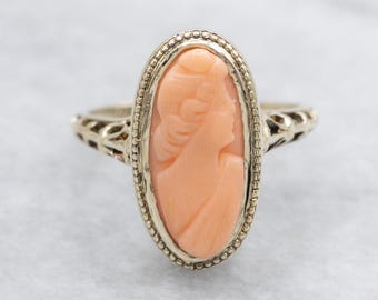 Anillo antiguo con camafeo de coral, oro amarillo de 10 quilates, estilo Art Nouveau