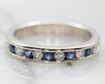 Diamond Sapphire Band, Sapphire Stacking Band, Unisex Band, Wedding Band, Colored Stone Band, White Gold Jewelry A22172