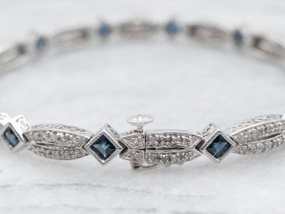 White Gold Square Cut Sapphire and Diamond Tennis… - image 2