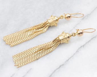 Vintage 18K Yellow Gold Tassel Earrings, Box Chain Drops