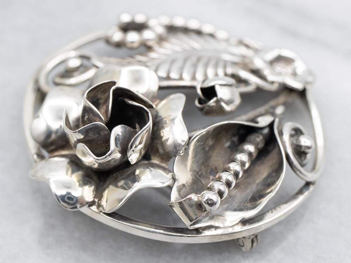 CW お花 ボタニカル オープンワーク 925 シルバー ヴィンテージ フラワー ヴィンテージ スターリングシルバー ボタニカル サークルピン