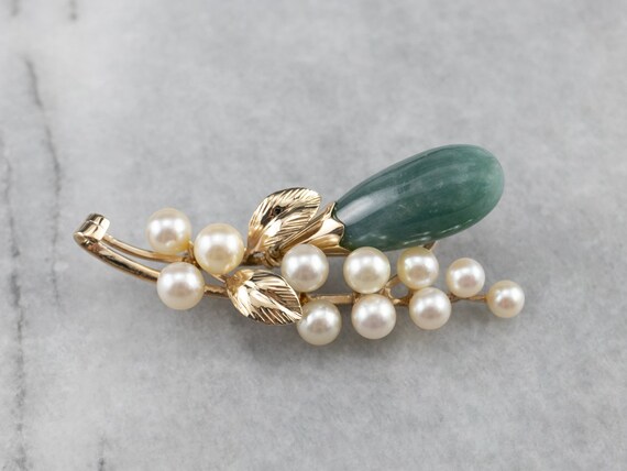 Botanical Jadeite Pearl Brooch, Gold Brooch, Jade… - image 2