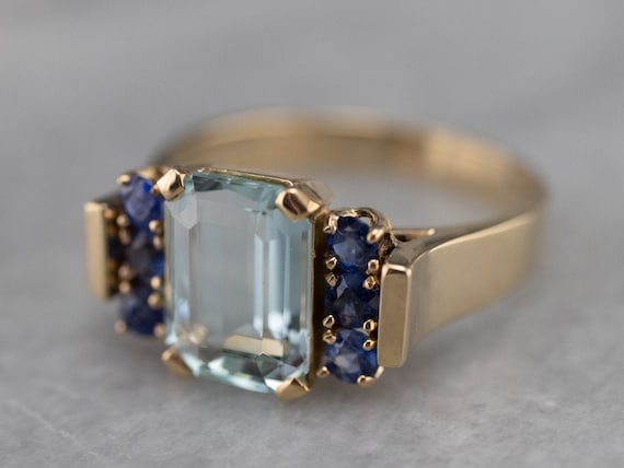 Aquamarine and Sapphire Ring, Yellow Gold Aquamari