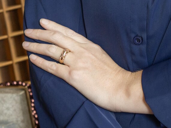 14K Yellow Gold Ruby Statement Ring, Triple Row B… - image 4