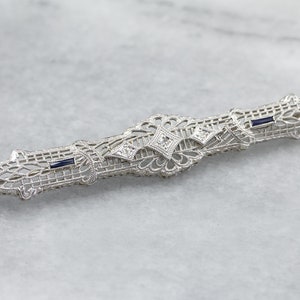 Art Deco Diamond Filigree Brooch, Diamond Bar Pin, Antique White Gold Pin, Bridal Brooch, Anniversary Gift, Estate Jewelry APUFVRXV