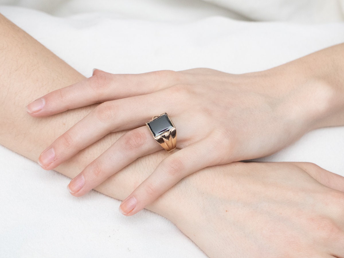 Project comte ロザリオ Men's Hematite Statement Ring, Grey Stone Ring, Yellow Gold