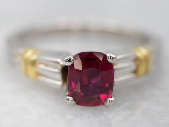 18K Gold & Platinum Ruby Ring, Oval Solitaire, Sc… - image 1