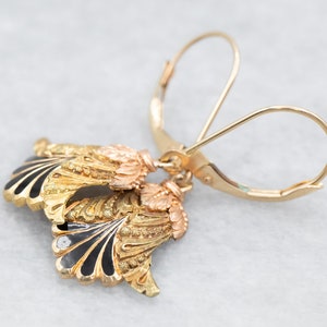Ornate Black Enamel Drop Earrings, Two Tone Gold Earrings, Vintage Gold Earrings, Gifts for Her, Gold Drop Earrings, Gifts for Her A18658