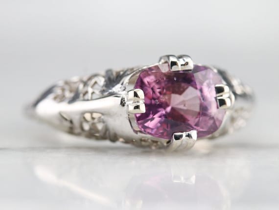 Art Deco Pink Ceylon Sapphire Solitaire Ring, Flo… - image 1
