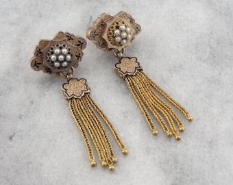 Excepcionales pendientes victorianos con borlas, oro rosa, perlas y esmalte. Perforados J4VMT0