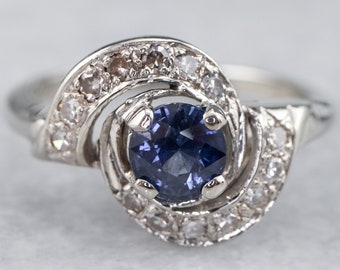 Retro Saphir und Diamant Cocktail Ring, 14K Weißgold