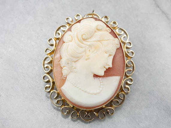 Mid Century Cameo Pin or Pedant, Yellow Gold Came… - image 1