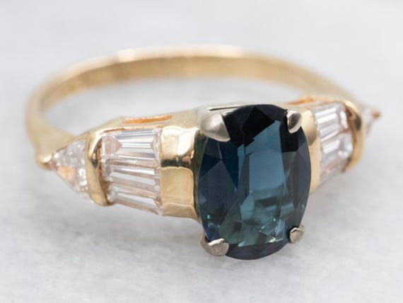 Retro Oval Indicolite Tourmaline Diamond Ring, 14… - image 2