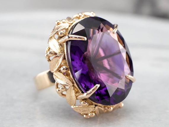 18K Gold Amethyst Cocktail Ring, Botanical Statem… - image 1