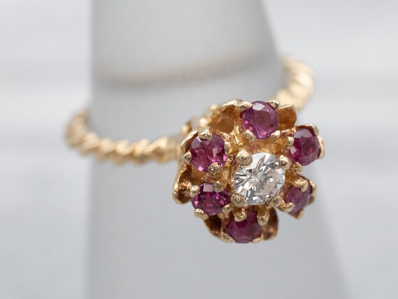 14K Yellow Gold Diamond Ruby Flower Ring, Halo De… - image 7