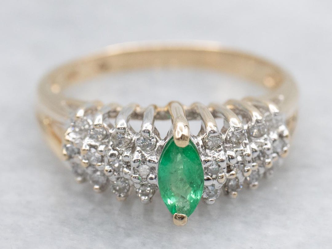 14K Gold Marquise Emerald and Diamond Engagement Ring - Etsy