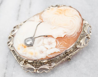 1940年代のヴィンテージカメオ＆ダイヤモンドブローチ（14金） - 時代