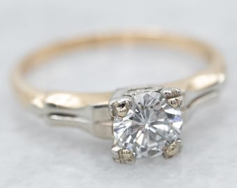 Vintage 14K Two Tone Gold Diamond Solitaire Ring, Floral Detail