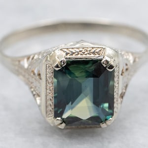 Anello di fidanzamento con zaffiro bicolore Art Déco, anello con zaffiro in oro bianco, solitario con zaffiro, anniversario con zaffiro, anello con zaffiro antico A66934