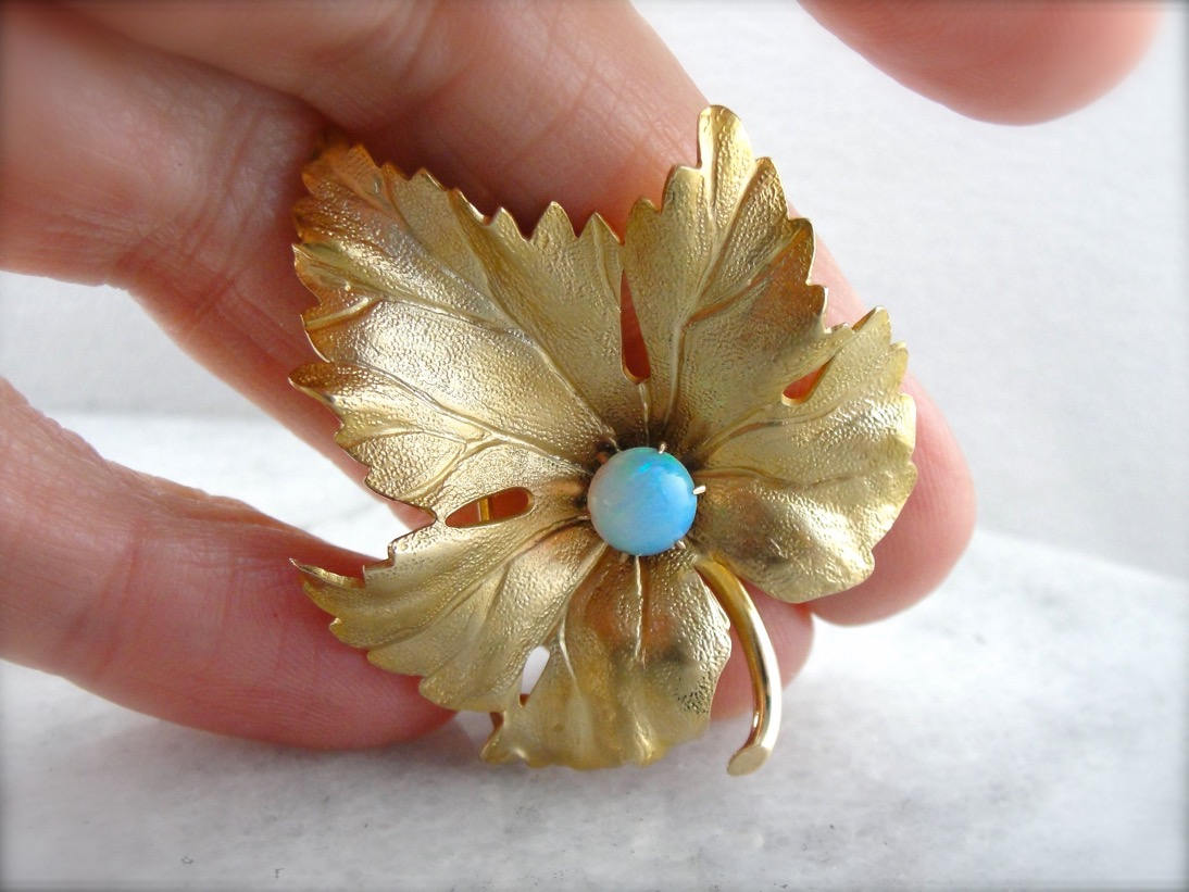 Realistic Maple Leaf Brooch With Opal Set at the Center Realistic Maple Leaf Brooch With Opal Set at the Center