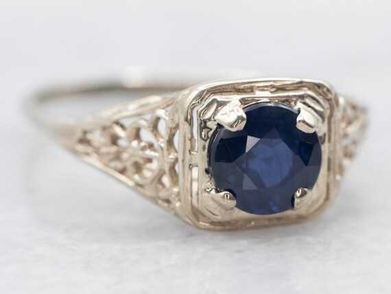 Art Deco Sapphire Solitaire Ring, White Gold Fili… - image 2