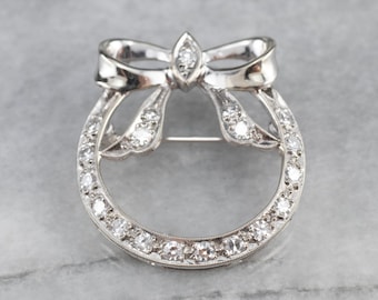 Retro 14K White Gold Diamond Bow Brooch, Circle Pin