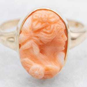 Stunning Coral Cameo Yellow Gold Ring, Statement Ring, Vintage Cameo Ring, Right Hand Ring A57161