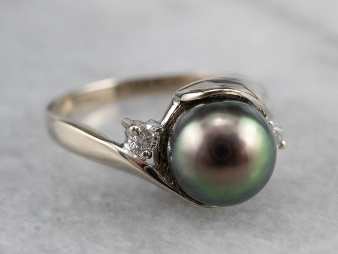 Black Pearl and Diamond Ring White Gold Pearl Bypass Ring Etsy