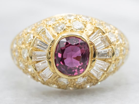 18K Gold Ruby Diamond Halo Ring, Baguette Accents - image 1