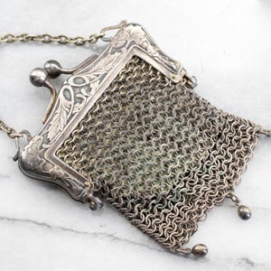 Antique German Silver Mesh Coin Purse, Victorian Accessories, Antique Metal Accessories, F3EU299U