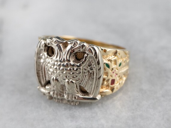 Vintage 14K Gold Masonic Ring, Double Headed Eagl… - image 3