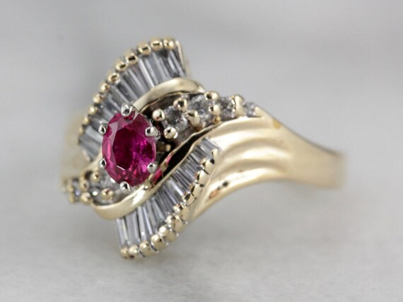 Vintage Ruby Cocktail Ring, Diamond Accents, 14K … - image 2