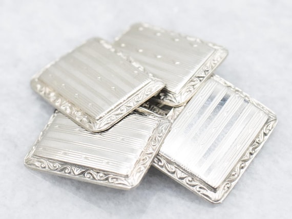 Art Deco 14K White Gold Cufflinks, Etched Groom Gift