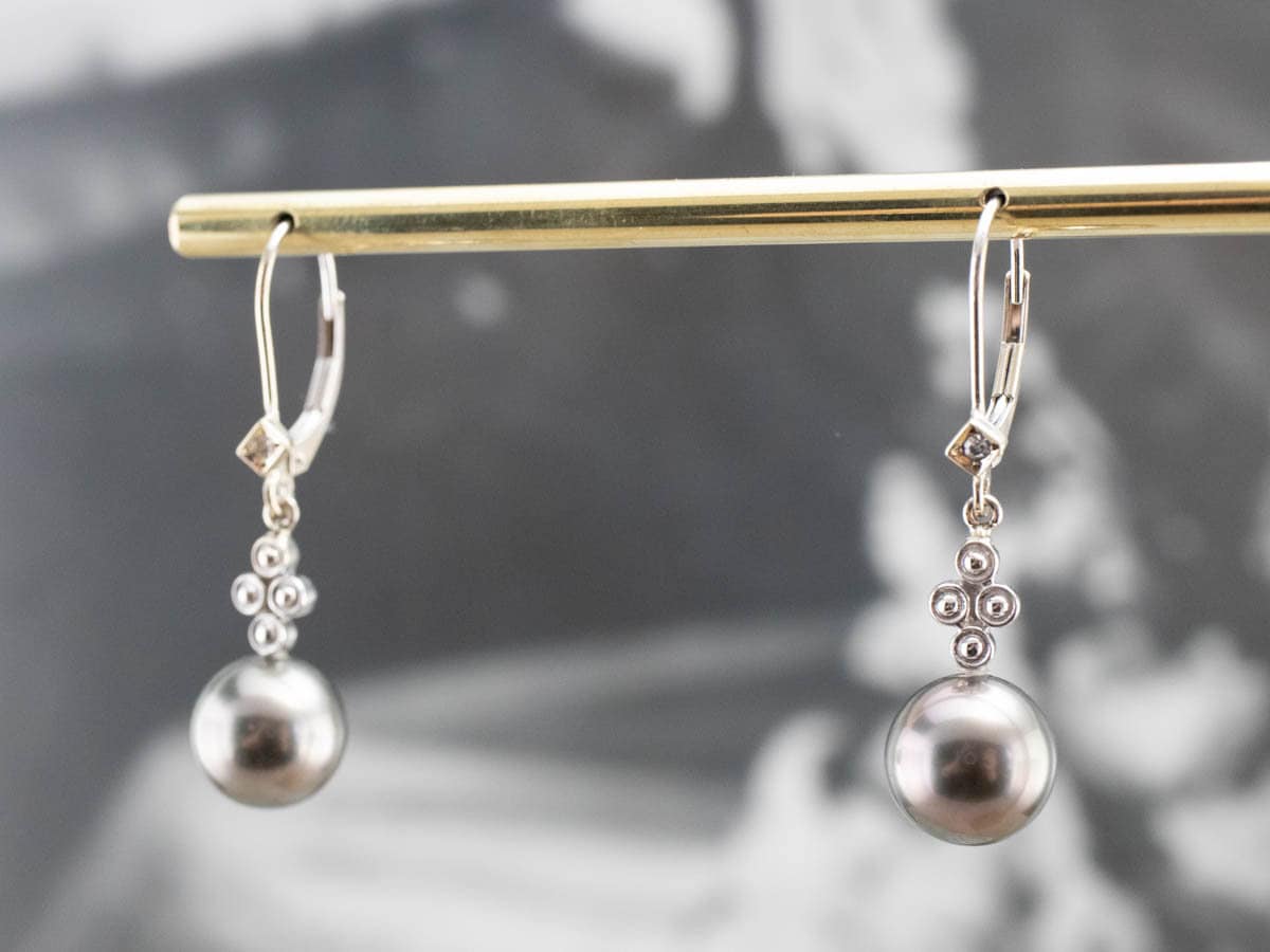 Gray Pearl and Diamond Drop Earrings, Black Pearl Earrings
