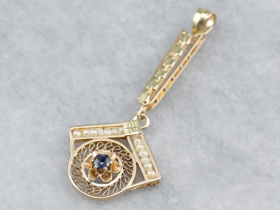 Sapphire Pearl Gold Drop Pendant, Sapphire Lavali… - image 3