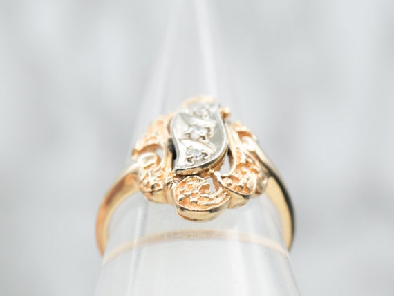 Yellow and White Gold Diamond Ring with Ornate Fr… - image 3