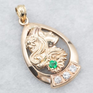 Yellow Gold Lady&#39;s Profile Pendant with Emerald and Diamond Accents, Yellow Gold Pendant, Emerald and Diamond Pendant, Pendant A33452