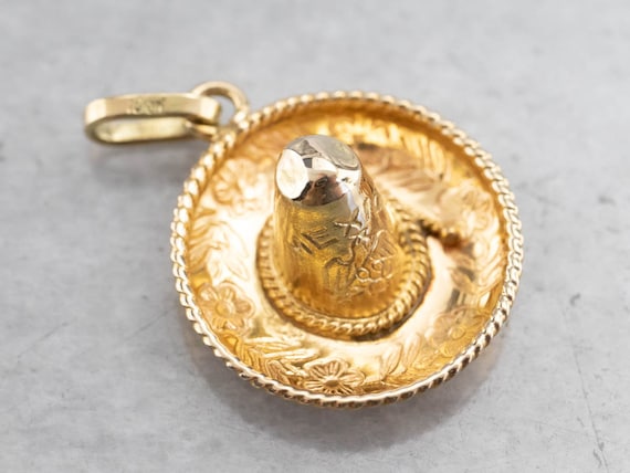 Gold Mexican Sombrero Charm, Yellow Gold Charm, Vi