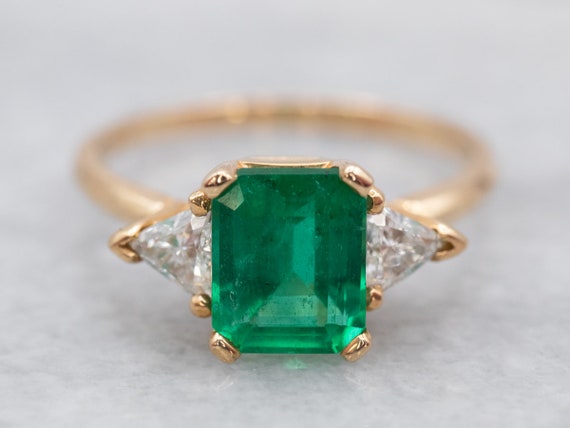 Emerald and Diamond Yellow Gold Ring, Emerald Ann… - image 1