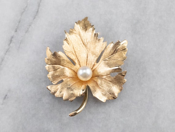 Vintage Grape Leaf Brooch w/ Pearls 14K Yellow Gold