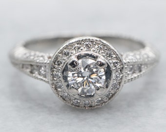 Platinum Diamond Halo Engagement Ring, Diamond Shoulders, .35 Carat SI1